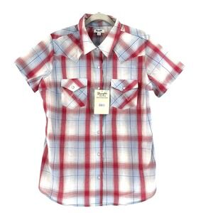 NEW Wrangler Retro Pearl Snap Western Shirt Women's Large Blue Red Plaid Landman